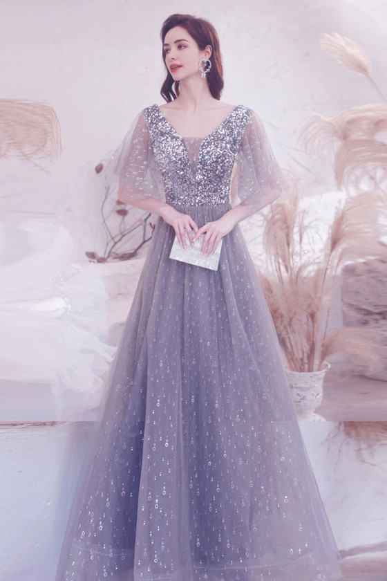 Dreamy Dusty Blue Sequined Long V Neck Prom Dress with Puffy Sleeves ...