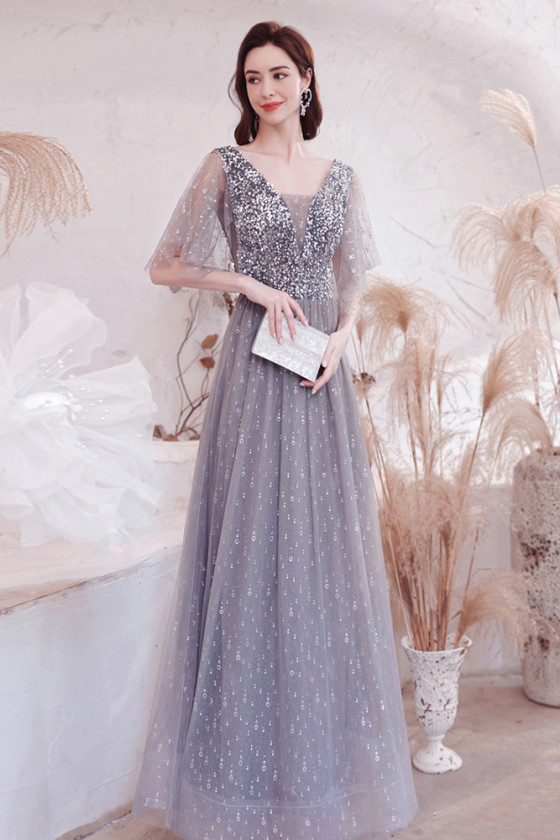 Dreamy Dusty Blue Sequined Long V Neck Prom Dress with Puffy Sleeves ...