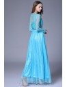 Blue Lace Long Sleeve Chiffon Formal Dress - CK631