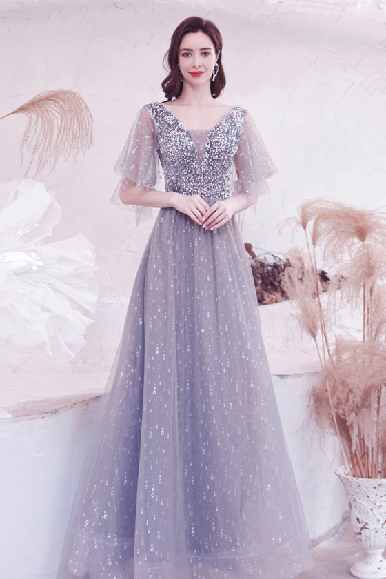 Dreamy Sequined Long V Neck Prom Dress with Puffy Sleeves