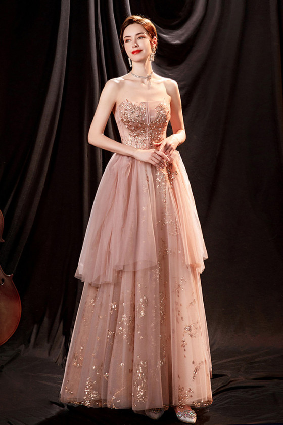 Strapless Nude Pink Long Layered Party Prom Dress with Gold Sequins