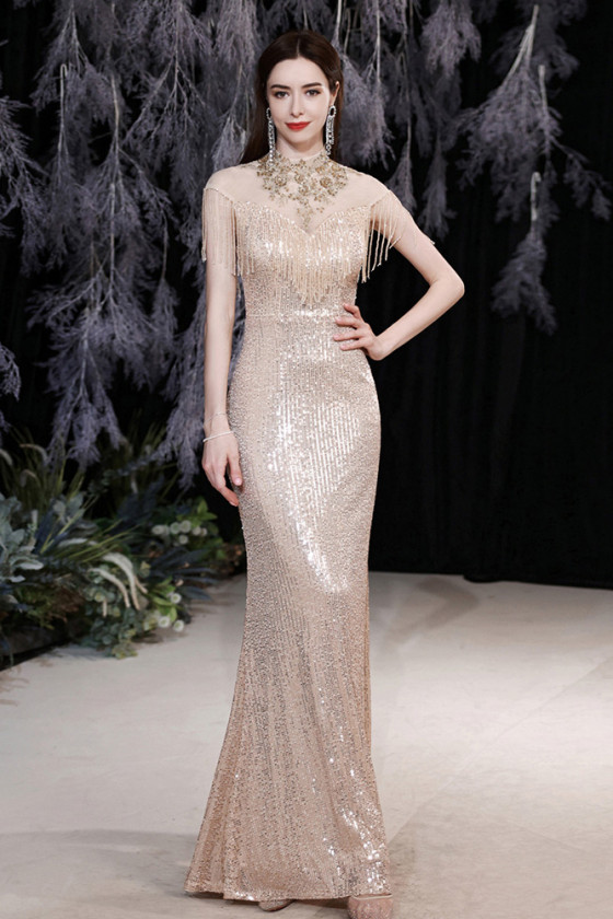 Slim Long Gold Sequined Evening Prom Dress Mermaid with Jeweled Neckline