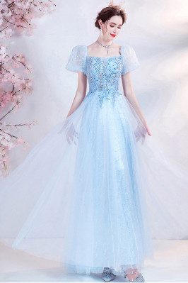 Baby Blue Long Tulle Sequin...