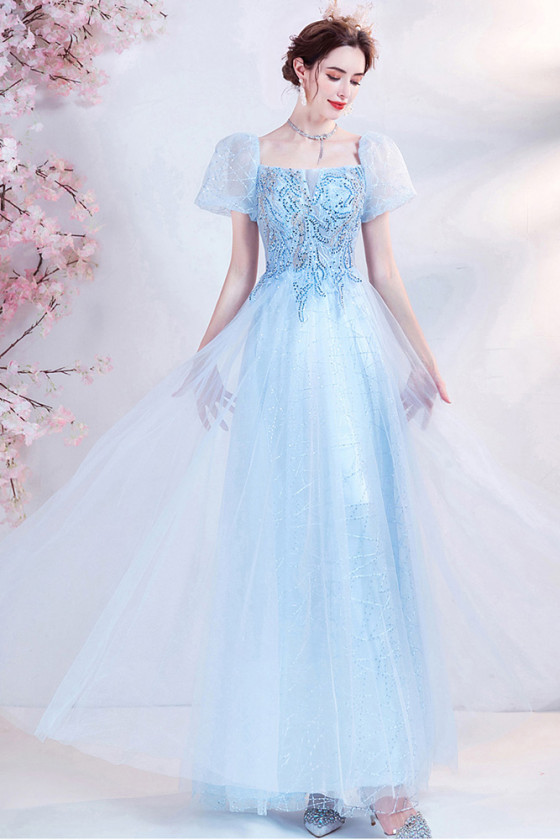 Baby Blue Long Tulle Sequin Square Neck Prom Dress with Bubble Sleeves