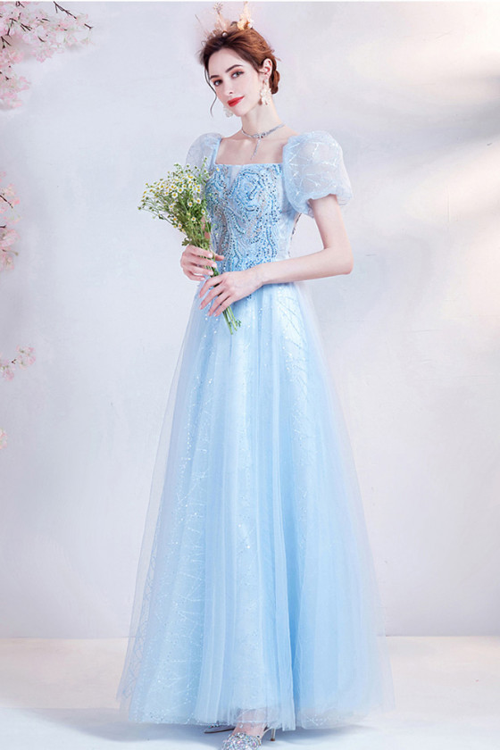 Baby Blue Long Tulle Sequin Square Neck Prom Dress with Bubble Sleeves ...