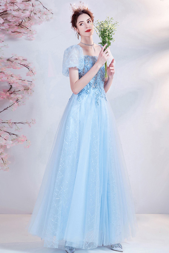 Baby Blue Long Tulle Sequin Square Neck Prom Dress with Bubble Sleeves ...