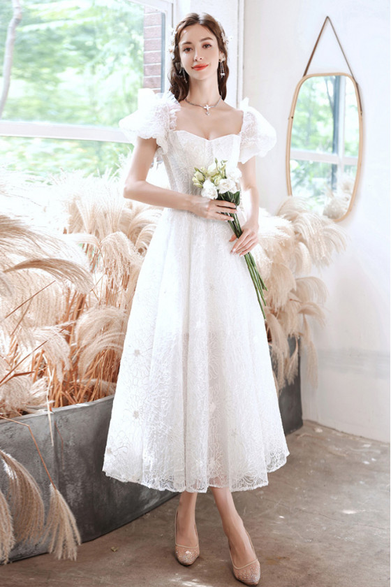 Elegant All Lace White Party Dress Tea Length with Square Bubble Sleeves