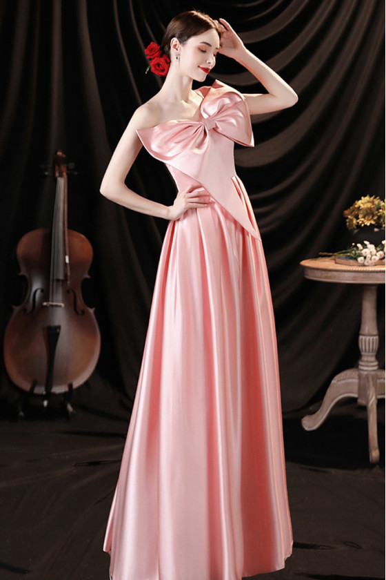 Unique Cute Pink One Shoulder Satin Party Prom Dress with Big Bow Front