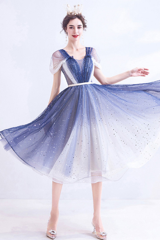 Off Shoulder Tea Length Ombre Blue Sequins Prom Dress For Teens