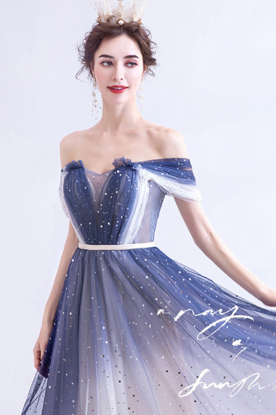 Off Shoulder Tea Length Ombre Blue Sequins Prom Dress For Teens - $85. ...