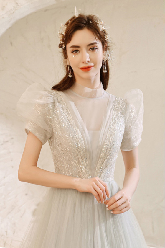 Modest High Neck Grey Flowy Tulle Prom Dress with Bubble Sleeves - $133.992  #P74086 - SheProm.com