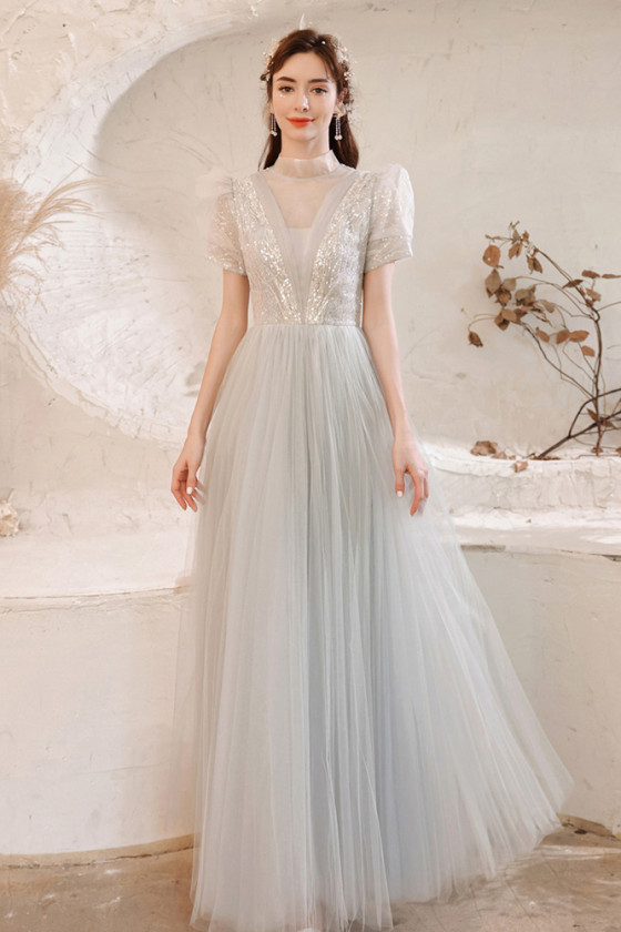 Modest High Neck Grey Flowy Tulle Prom Dress with Bubble Sleeves