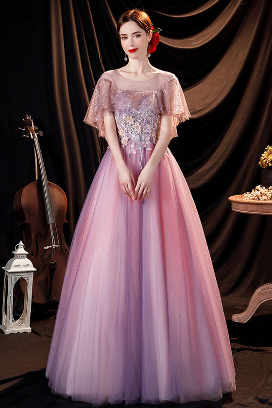 Elegant Applique Purple Tulle Ballgown Prom Dress with Sequin Cape