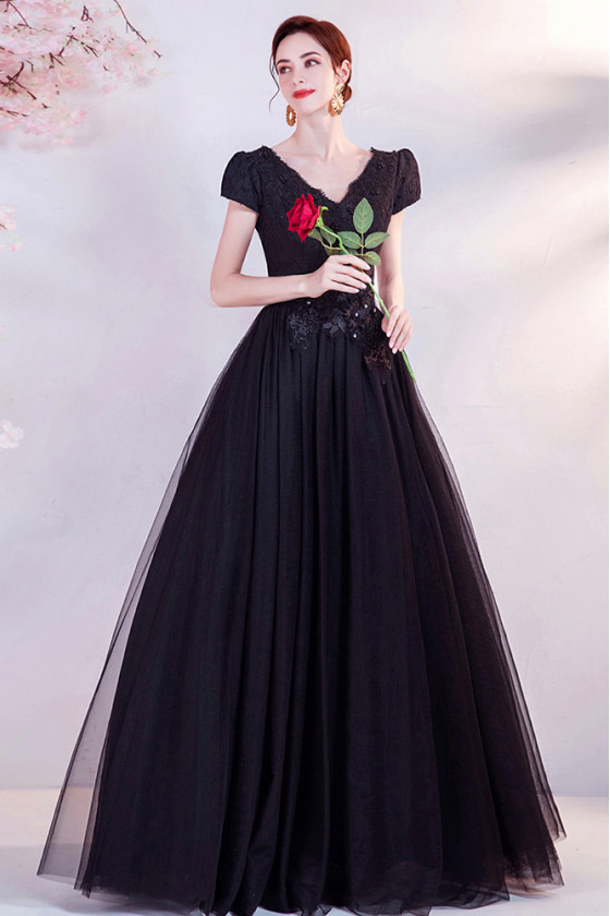 Long Black Formal Ballgown Prom Dress Vneck with Cap Sleeves - $164.988 ...