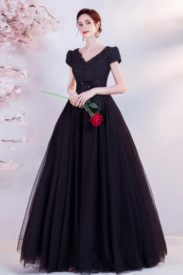 Long Black Formal Ballgown Prom Dress Vneck with Cap Sleeves - $164.988 ...