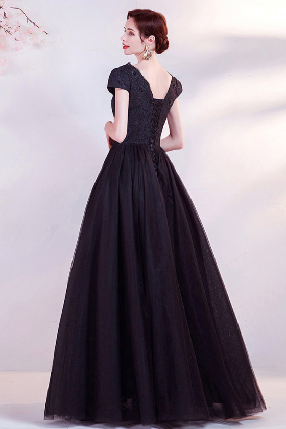 Long Black Formal Ballgown Prom Dress Vneck with Cap Sleeves - $164.988 ...