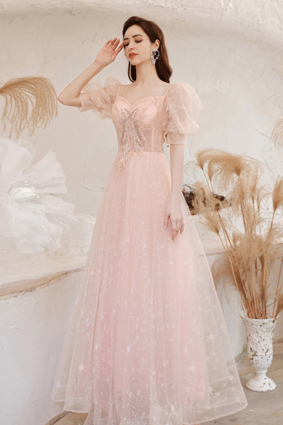 Pretty Pale Pink Long Sleeved Sequined Prom Dress with Beading Pattern