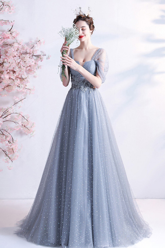 Gray blue tulle sequin long prom dress, gray blue tulle formal dress