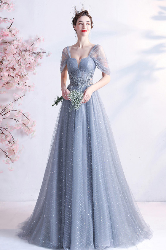 Off Shoulder Dusty Blue Tulle Long Prom Dress with Blings