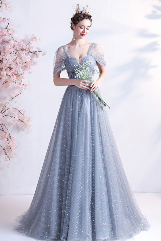 Off Shoulder Dusty Blue Tulle Long Prom Dress with Blings - $140.688 # ...