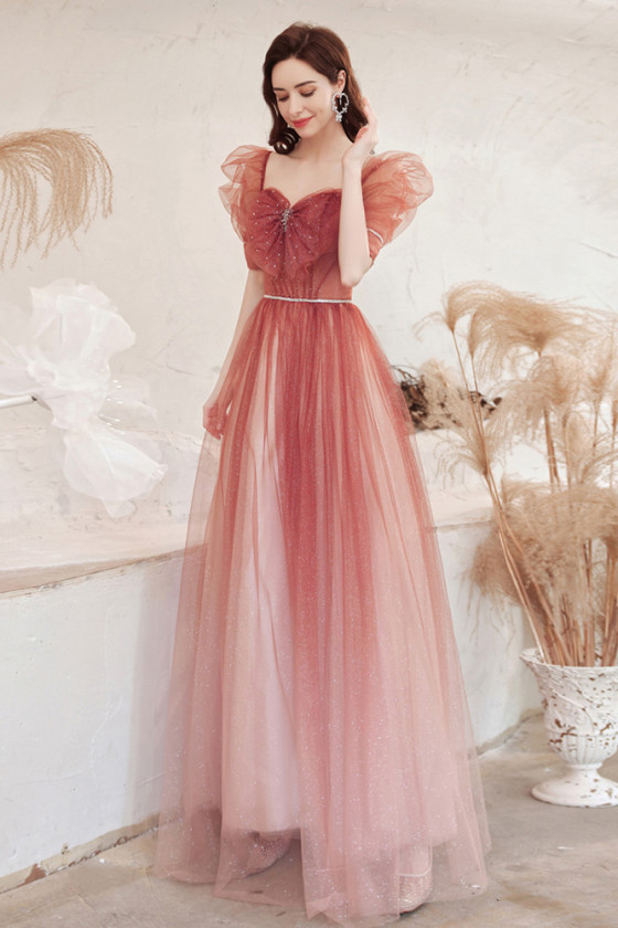 Beautiful Ombre Red Tulle Bubble Sleeve Prom Dress with Square Neck -  $133.992 #P74076 - SheProm.com