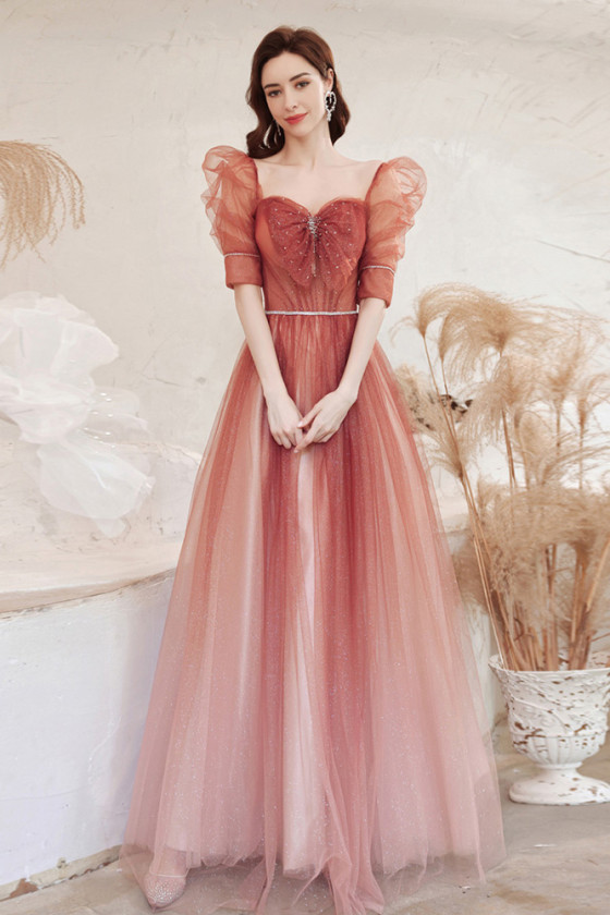 Beautiful Ombre Red Tulle Bubble Sleeve Prom Dress with Square Neck