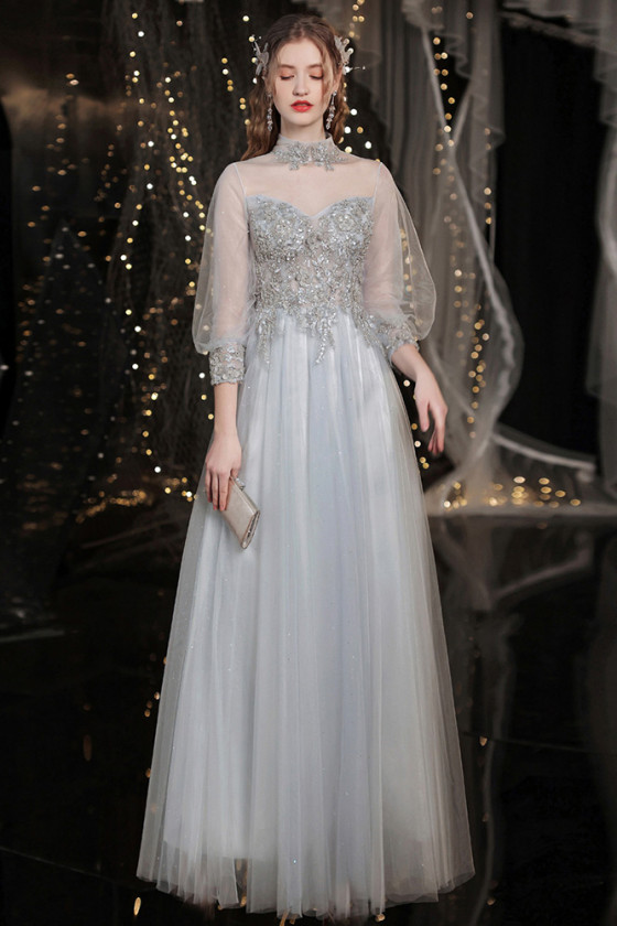 Long Grey Aline Tulle Prom Dress with Sheer Lantern Sleeves
