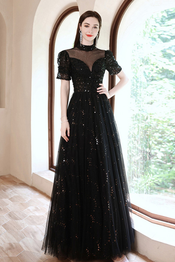 Black Fine Bling Sequin Long Tulle Prom Dress High Neck with Sheer Sleeves