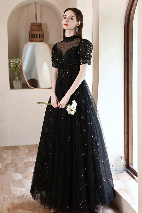 Black Fine Bling Sequin Long Tulle Prom Dress High Neck with Sheer ...