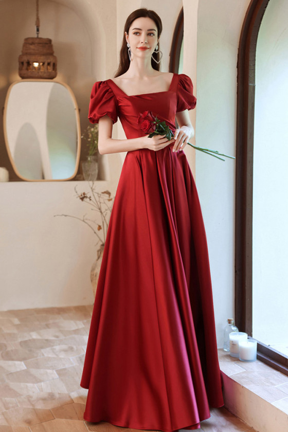 Quality Red Satin Square Neckline Formal Evening Dress with Bubble Sleeves