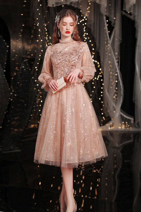 Modest Sparkly Gold Sequin Tea Length Party Dress with Lantern Sleeves