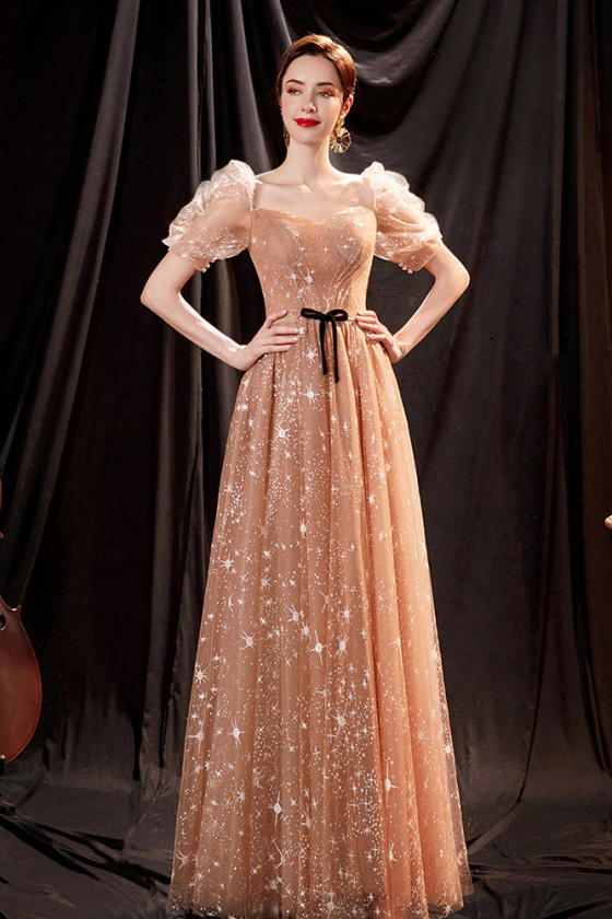 Gorgeous Dreamy Stars Long Gold Tulle Prom Dress with Bubble Sleeves