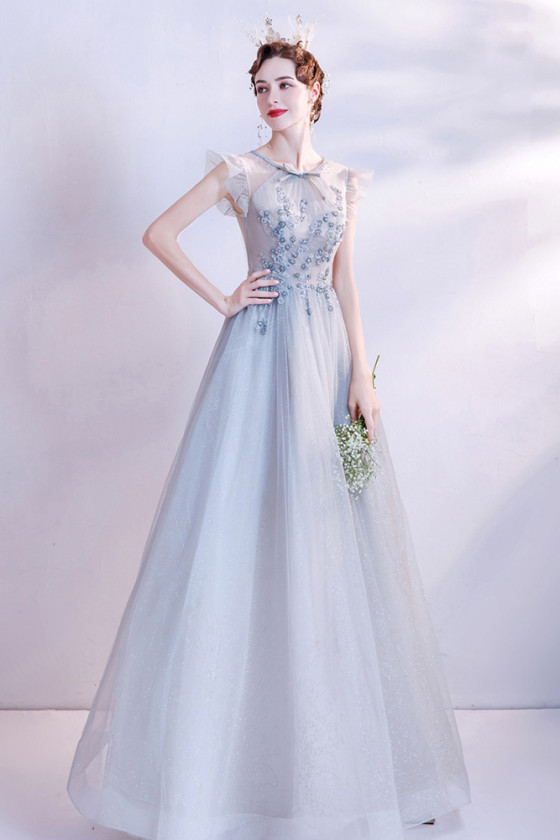 Ligth Blue Aline Long Prom Dress with Sequin Flowers - $151.7904 # ...
