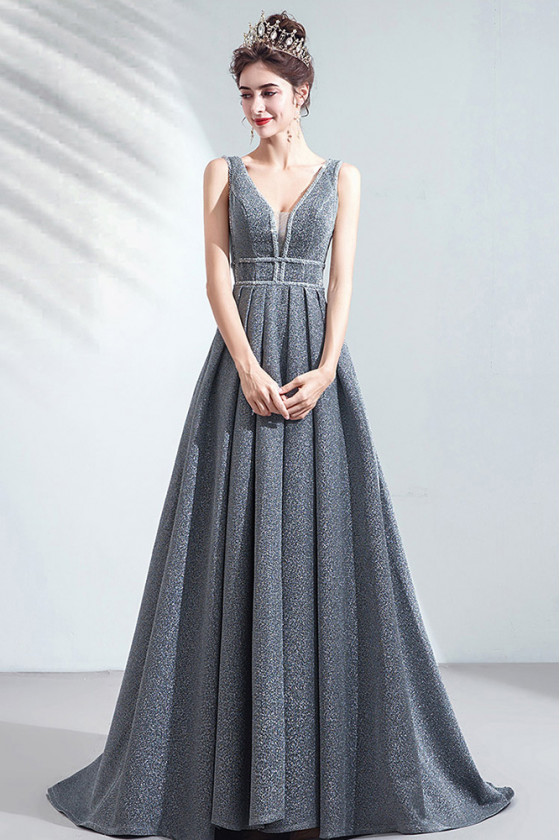 Elegant Simple Silver Veck Sequin Formal Prom Dress