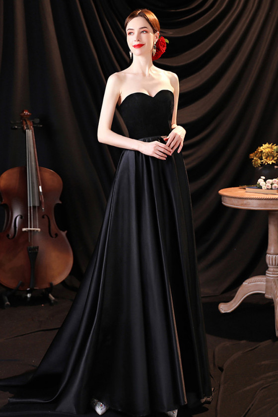 Simple Formal Black Long Strapless Evening Prom Dress with Train