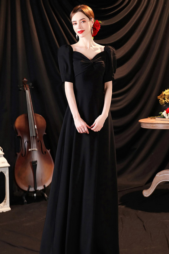 Simple Black Long Occasion Evening Dress with Bubble Sleeves