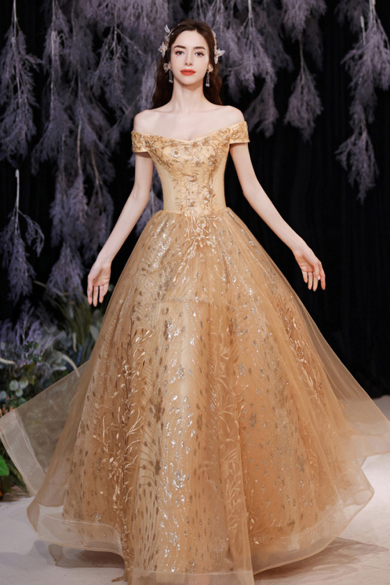 Luxury Gold Lace Applique Ballgown Prom Dress with Off Shouler Straps