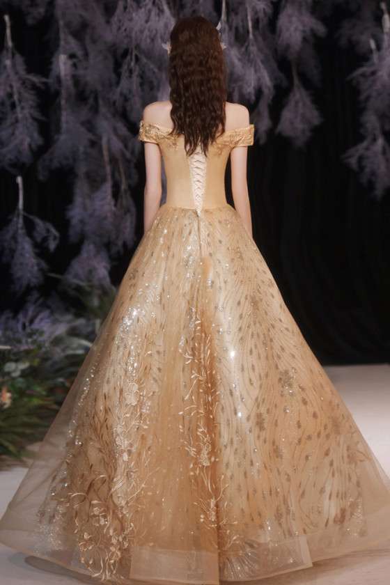 Luxury Gold Lace Applique Ballgown Prom Dress with Off Shouler Straps - $171.5904 #P74039 - SheProm.com Luxury Gold Lace Applique Ballgown Prom Dress with Off Shouler Straps - $171.5904 #P74039 - SheProm.com