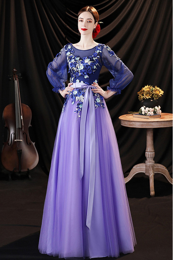 Floral Blue Purple Prom Dress with Long Sleeves