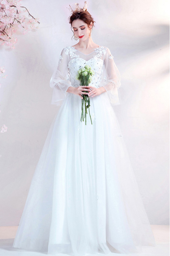 Modest Vneck Lace Beading Ballroom Wedding Gown with 3/4 Sheer Sleeves
