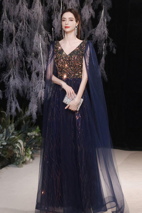 Navy Blue Tulle Bling Sequined Prom Dress with Cape Sleeves