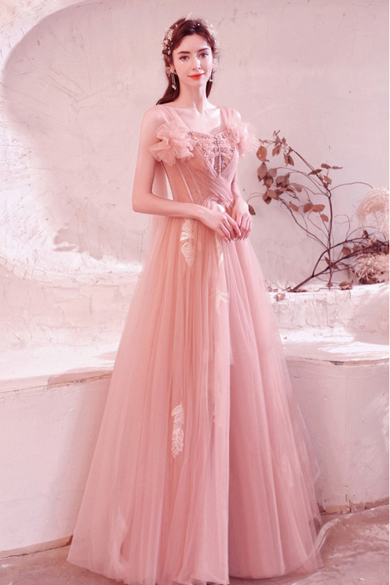 Beaded Aline Long Pink Tulle Prom Dress with Beautiful Flowers