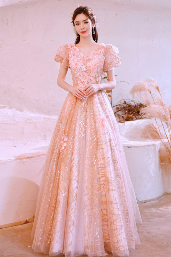 All Sequin Lace Dreamy Cute Pink Prom Dress with Beautiful Flowers