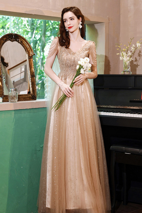 Bling Sequin Vneck Champagne Gold Evening Prom Dress with Beading Fringing