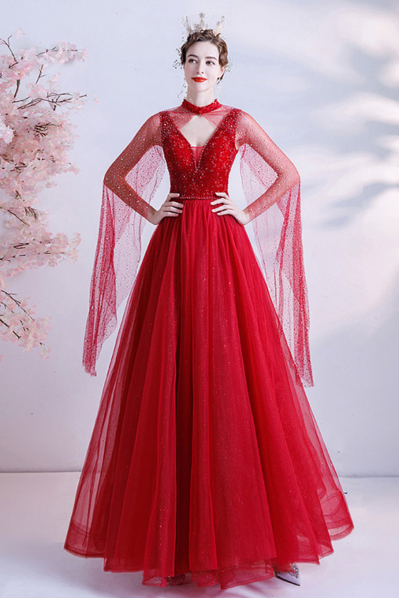 Beautiful Red Tulle Long Prom Dress with Sequin Cape