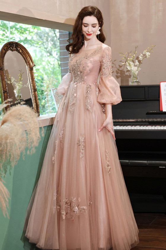 Elegant Appliques Long Pink Square Prom Dress with Lantern Sleeves - $155.988 #P74139 - SheProm.com Elegant Appliques Long Pink Square Prom Dress with Lantern Sleeves - $155.988 #P74139 - SheProm.com