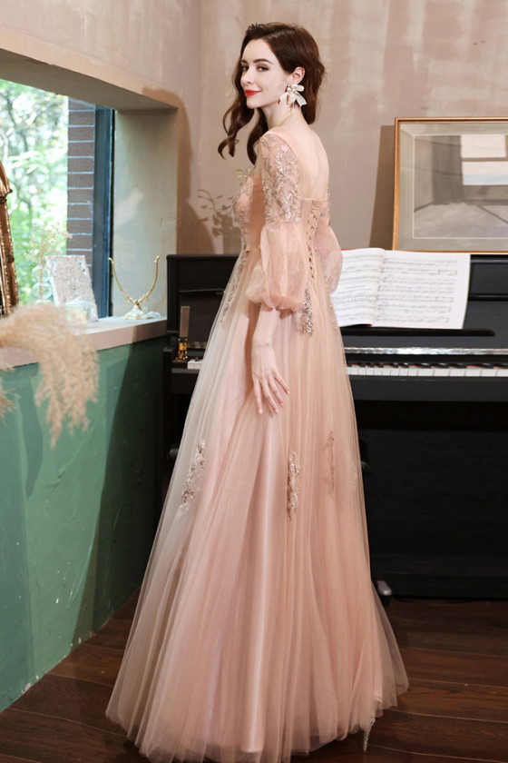 Elegant Appliques Long Pink Square Prom Dress with Lantern Sleeves -  $155.988 #P74139 - SheProm.com