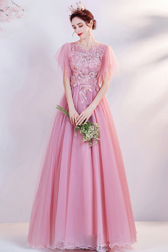 Fairytale Aline Pink Tulle Long Prom Dress with Exquisite Applique