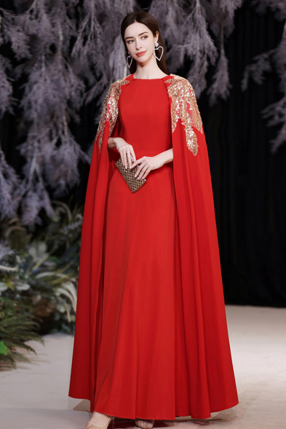 Stylish Cape Red Flowy Formal Chiffon Evening Dress with Long Sleeves