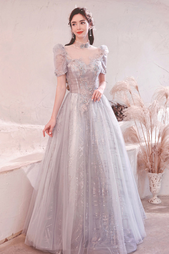High Neck Short Sleeves Grey Sequined Long Prom Dress